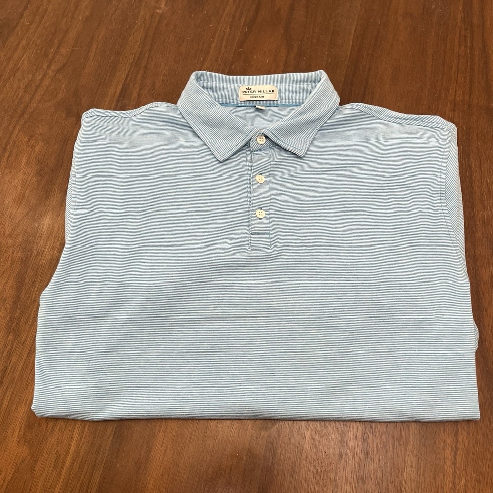 Peter Millar Polo Shirt Crown Soft Pima Cotton Silk Newport Stripe Mens XL Blue